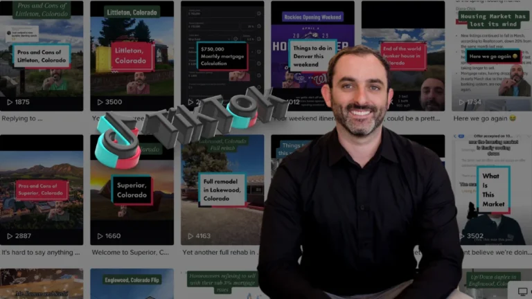 Smiling man in a black shirt sits in front of a collage of Colorado real estate thumbnails and text overlays.