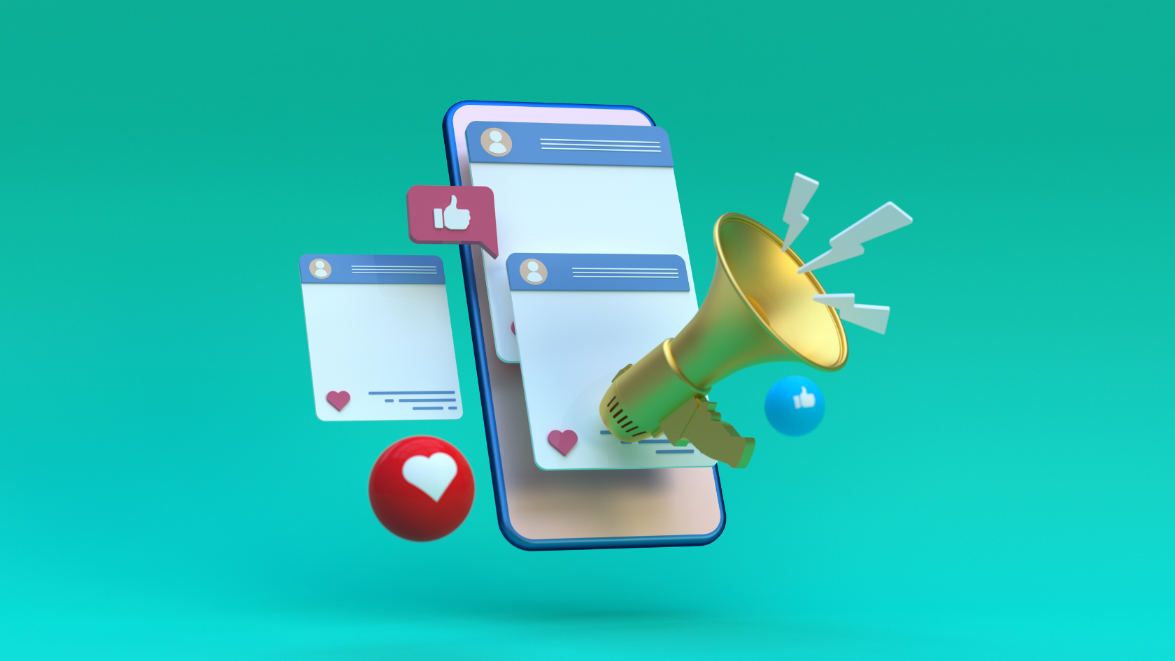 3D illustration of a smartphone with floating social posts, hearts, and a loud megaphone signaling online promotion