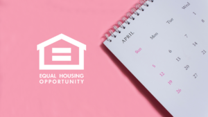 White house logo with an equal sign and the text 'Equal Housing Opportunity' on a pink background, with a spiral calendar in the corner (informative branding image).