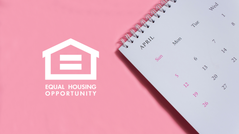 White house logo with an equal sign and the text 'Equal Housing Opportunity' on a pink background, with a spiral calendar in the corner (informative branding image).