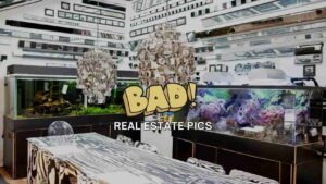 Comic-style promo image with a bold 'BAD!' caption and 'REAL ESTATE PICS' text over a showroom featuring aquariums and zebra-pattern furniture.