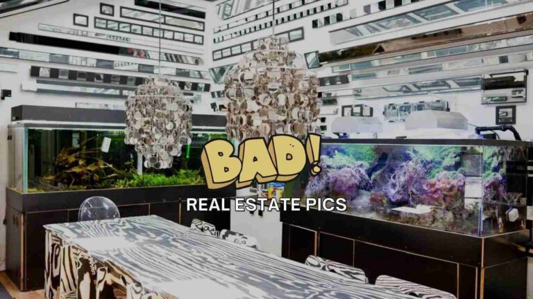 Comic-style promo image with a bold 'BAD!' caption and 'REAL ESTATE PICS' text over a showroom featuring aquariums and zebra-pattern furniture.