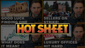 Collage of four panels with a podcast host at a mic and bold headlines like 'Good luck finding one' and 'Sellers on strike' behind a central HOT SHEET banner.