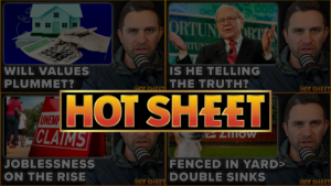 Six-panel collage of Hot Sheet video thumbnails; a man speaks into a microphone, with bold headlines about values, truth, unemployment, and gardens/yards in the panels.