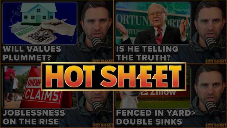 Six-panel collage of Hot Sheet video thumbnails; a man speaks into a microphone, with bold headlines about values, truth, unemployment, and gardens/yards in the panels.