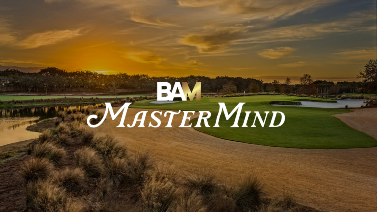 Sunset over a golf course with a white BAM MasterMind logo text overlay.
