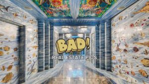 Blue, ocean-themed hallway with fish murals and colorful ceiling panels; large 'BAD!' caption and 'REAL ESTATE PICS' text overlay.