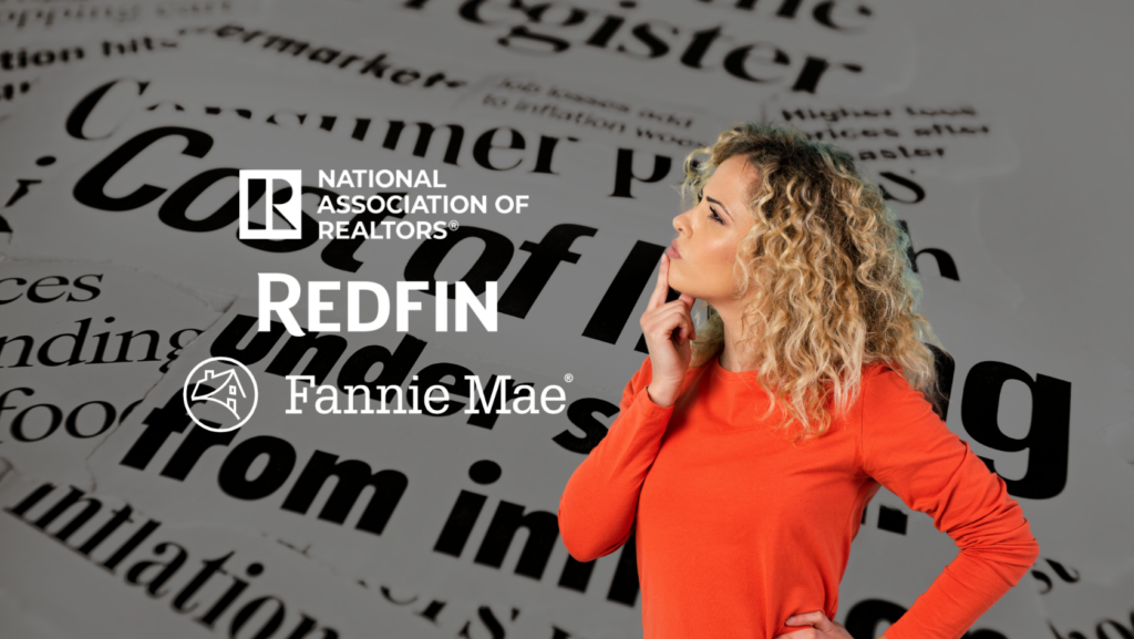 Woman in an orange shirt posing beside real estate brand logos (NAR, Redfin, Fannie Mae) on a text-heavy backdrop.