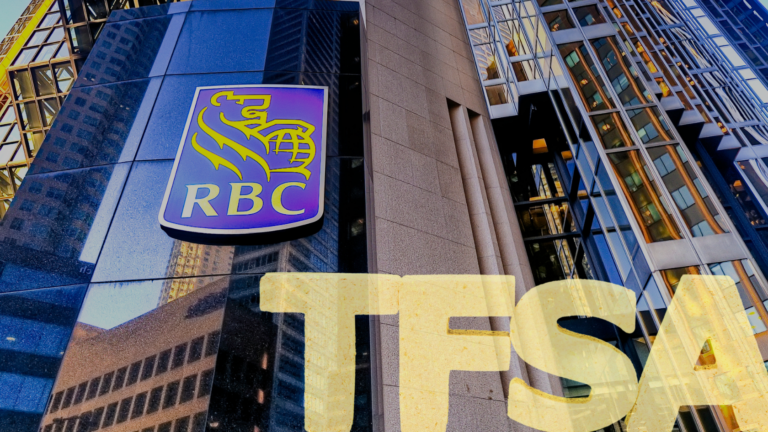 Tall glass-fronted skyscraper with an RBC logo mounted on the left; oversized yellow text 'TEST' spans the lower foreground.