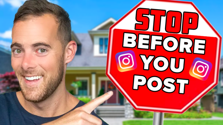 Smiling man points at a red stop sign that reads 'STOP BEFORE YOU POST' with Instagram logos, in front of a suburban house backdrop.