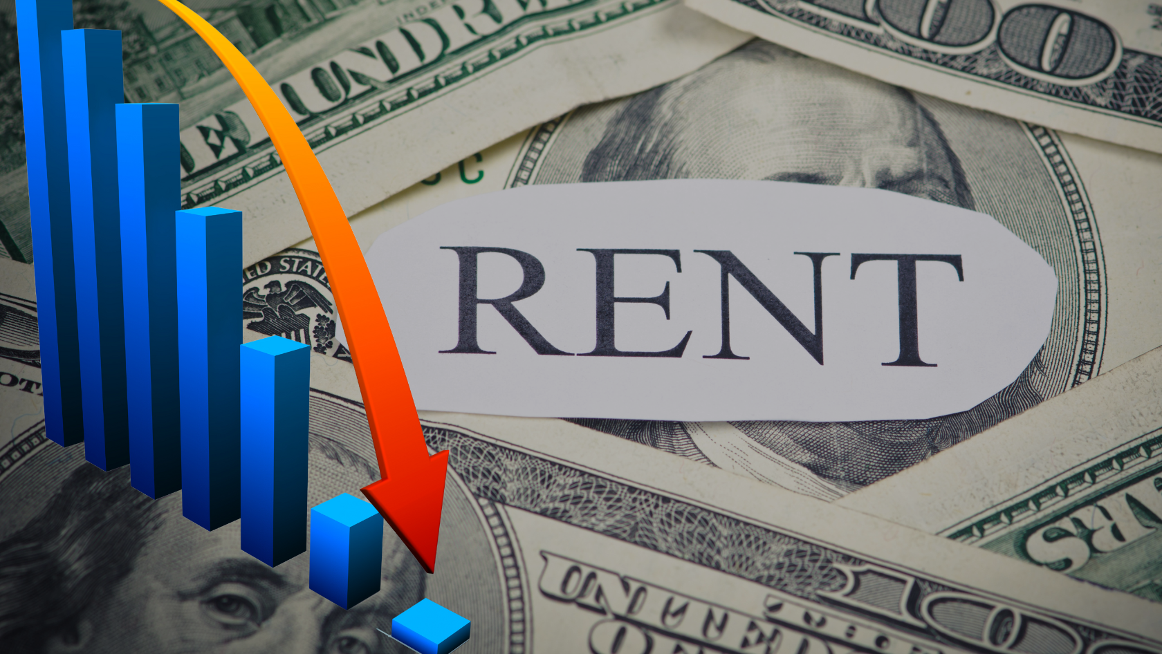 Downward-trending blue bar chart over overlapping dollar bills and a 'RENT' label, implying falling rents or rent decline in the economy.