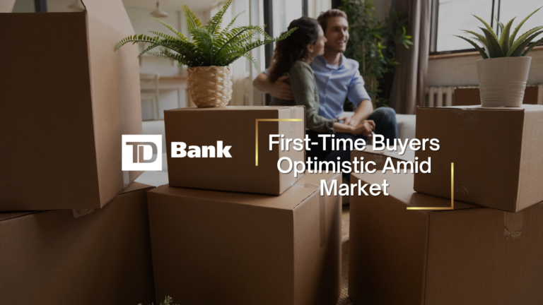 TD Bank promotional hero showing a couple with moving boxes in a home, emphasizing first-time buyers' optimism about the market.