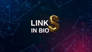 Graphic banner prompting 'LINK IN BIO' with a shiny gold 'S' on a dark blue/purple network background, used as a social media call-to-action.