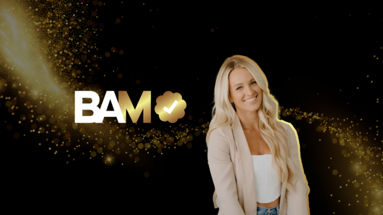 Bold 'BAM' logo with gold checkmark badge and a smiling blonde woman on a black and gold sparkling background, conveying success or approval marketing banner.