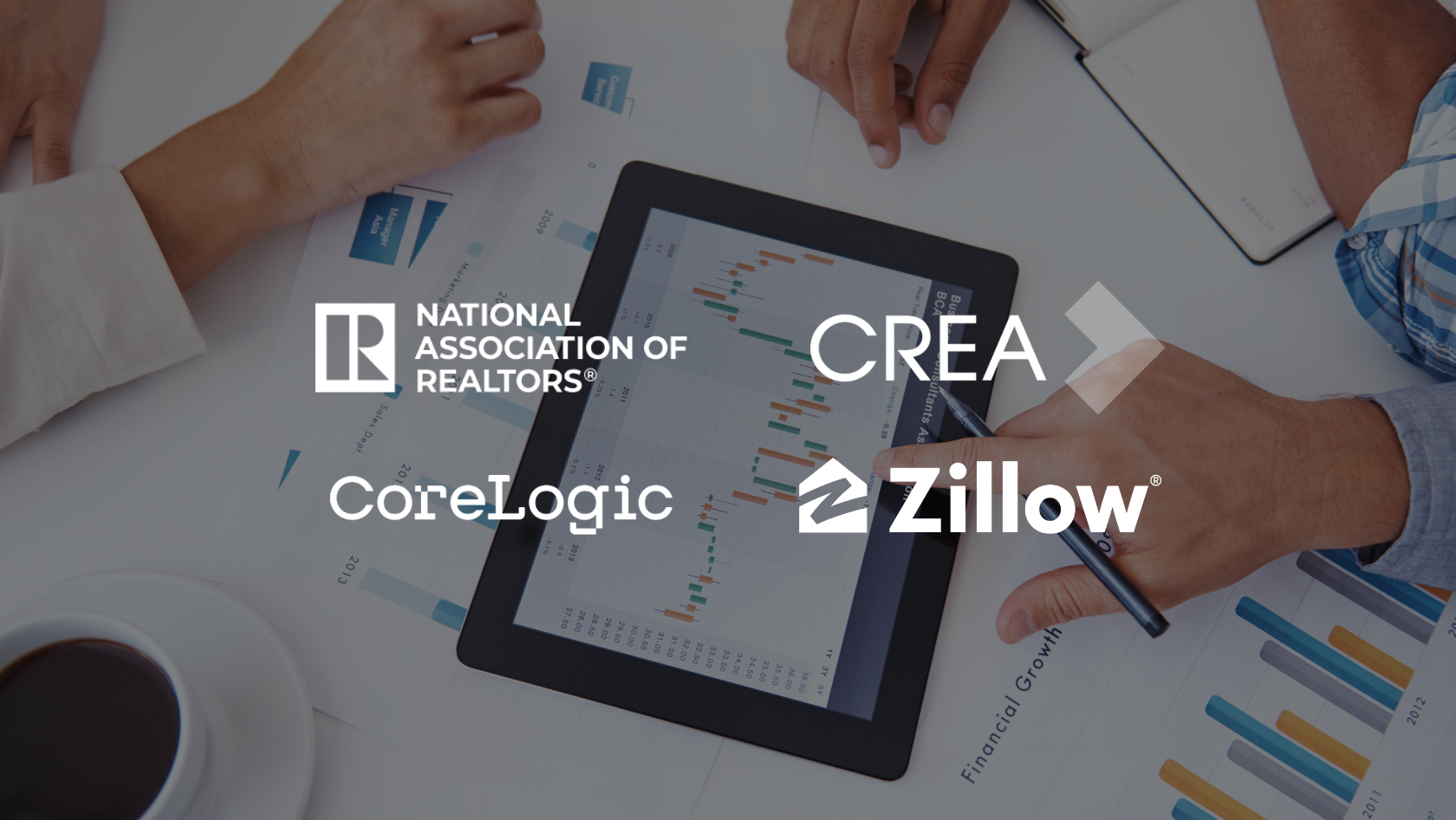Logos of real estate brands (National Association of Realtors, CREA, CoreLogic, Zillow) over a tablet showing a chart on a work desk for a partnership/industry image