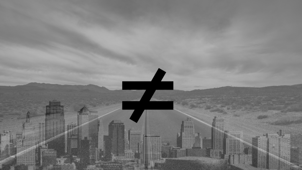 Large black symbol overlaying a grayscale city skyline and desert highway, suggesting prohibition or negation.