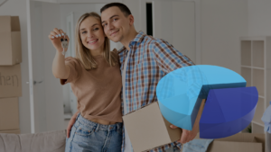 Happy couple posing with house keys during a move-in, with boxes in a living room behind them.