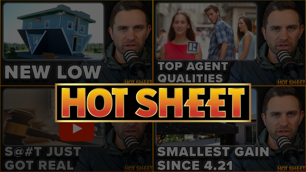 Collage of six video thumbnails for 'Hot Sheet' series, with a man speaking into a microphone and bold headlines.