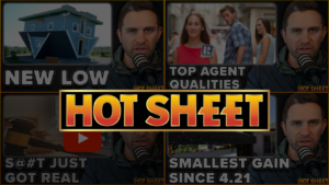 Collage of six video thumbnails for 'Hot Sheet' series, with a man speaking into a microphone and bold headlines.