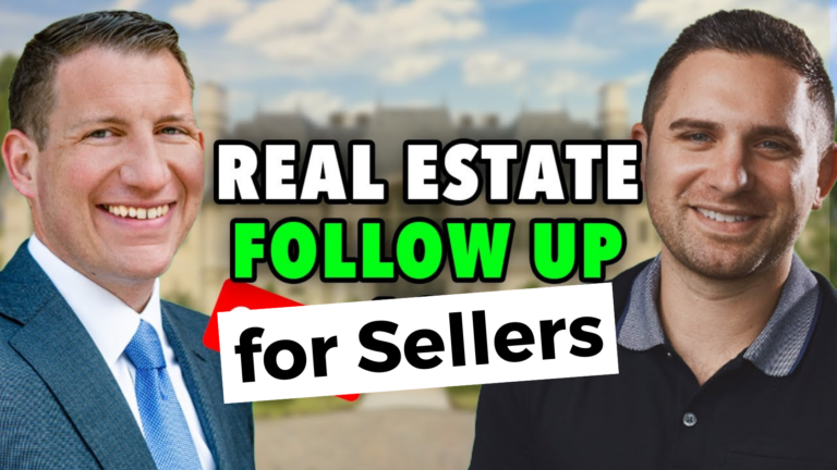 Two smiling real estate agents flank the image with bold text reading 'REAL ESTATE FOLLOW UP for Sellers' on a blurred city background