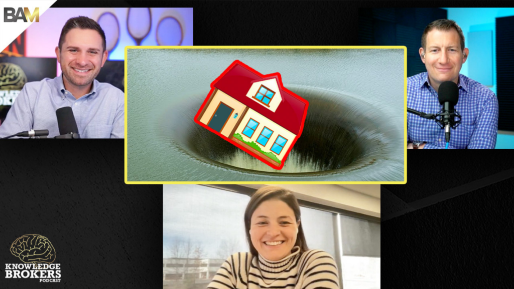 Collage of four podcasters around a central abstract eye and red house sticker, Knowledge Brokers Podcast branding visible bottom left.