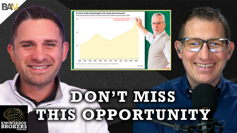 Thumbnail for Knowledge Brokers Podcast: two smiling hosts with microphones on either side, bold caption 'DON'T MISS THIS OPPORTUNITY' across the bottom, and a chart image centered between them; knowledge brokers logo in the bottom-left corner.