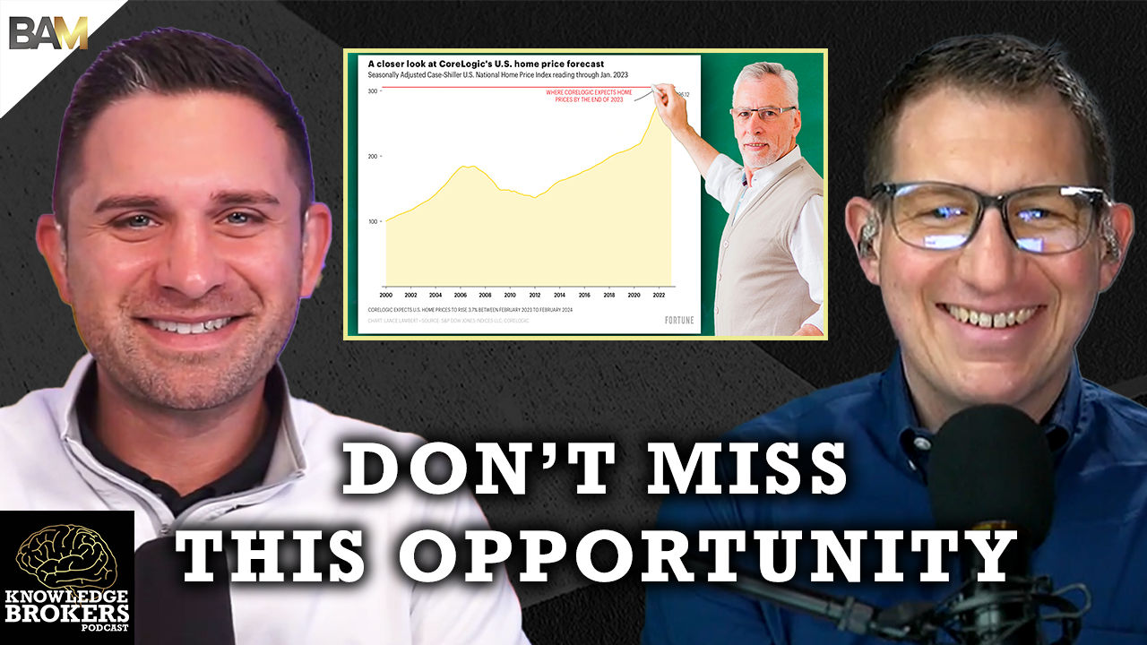 Thumbnail for Knowledge Brokers Podcast: two smiling hosts with microphones on either side, bold caption 'DON'T MISS THIS OPPORTUNITY' across the bottom, and a chart image centered between them; knowledge brokers logo in the bottom-left corner.