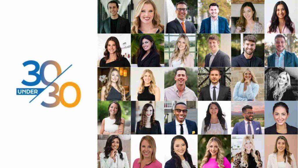 Collage of diverse young professionals' headshots beside a 30 Under 30 logo on the left.