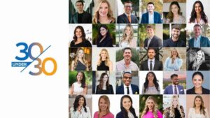 Collage of diverse young professionals' headshots beside a 30 Under 30 logo on the left.