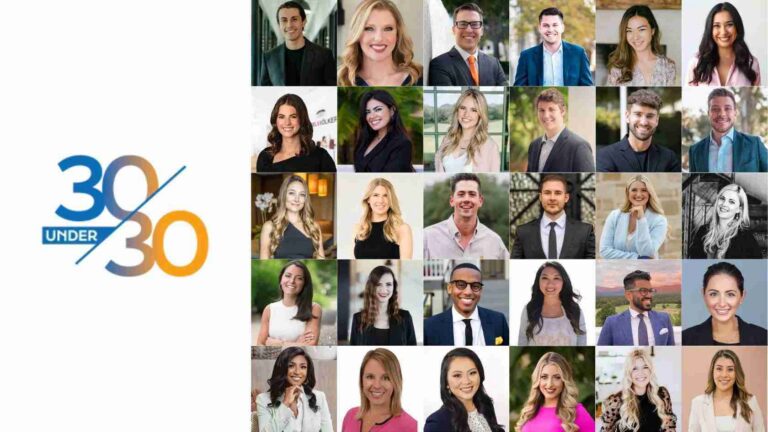 Collage of diverse young professionals' headshots beside a 30 Under 30 logo on the left.