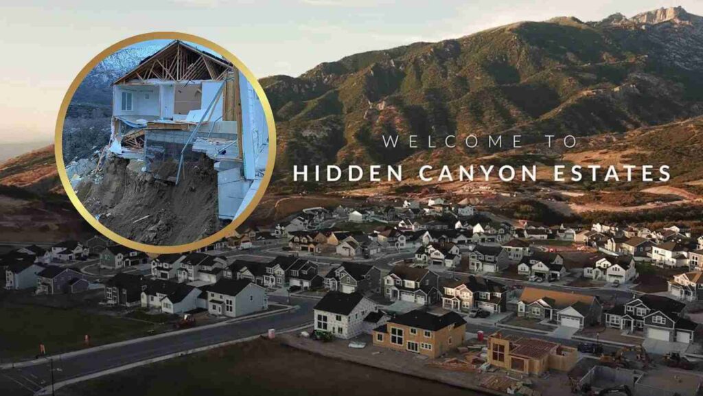 Aerial view of Hidden Canyon Estates at dusk with a circular inset showing a damaged house perched on a cliff.