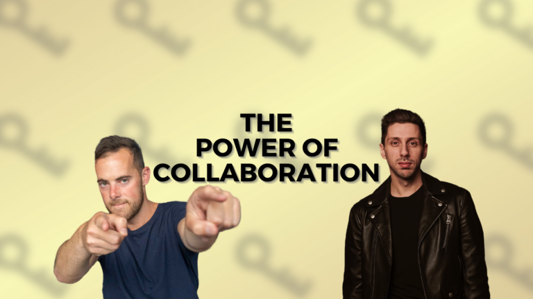 Two men frame a bold title—The Power of Collaboration—on a yellow patterned background, pointing toward the camera on either side.