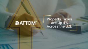 Atom logo with a person writing on paperwork; headline: Property Taxes Are Up 4% Across the U.S. (informational hero image)