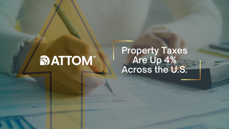 Atom logo with a person writing on paperwork; headline: Property Taxes Are Up 4% Across the U.S. (informational hero image)