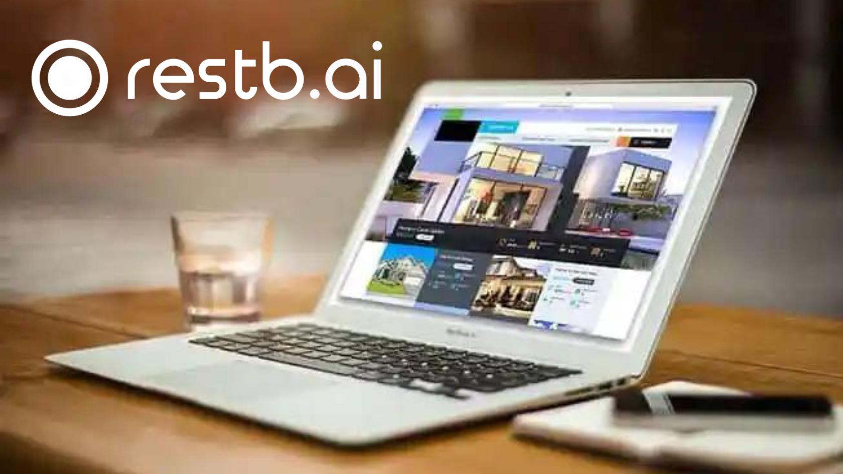 Restb.ai logo on a laptop screen showing a real estate website on a wooden table.