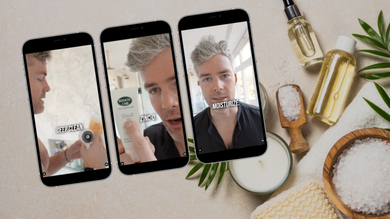 Three tilted smartphones show a skincare routine: Deep Clean, Zinc-O, Moisturize, with spa items in the background,