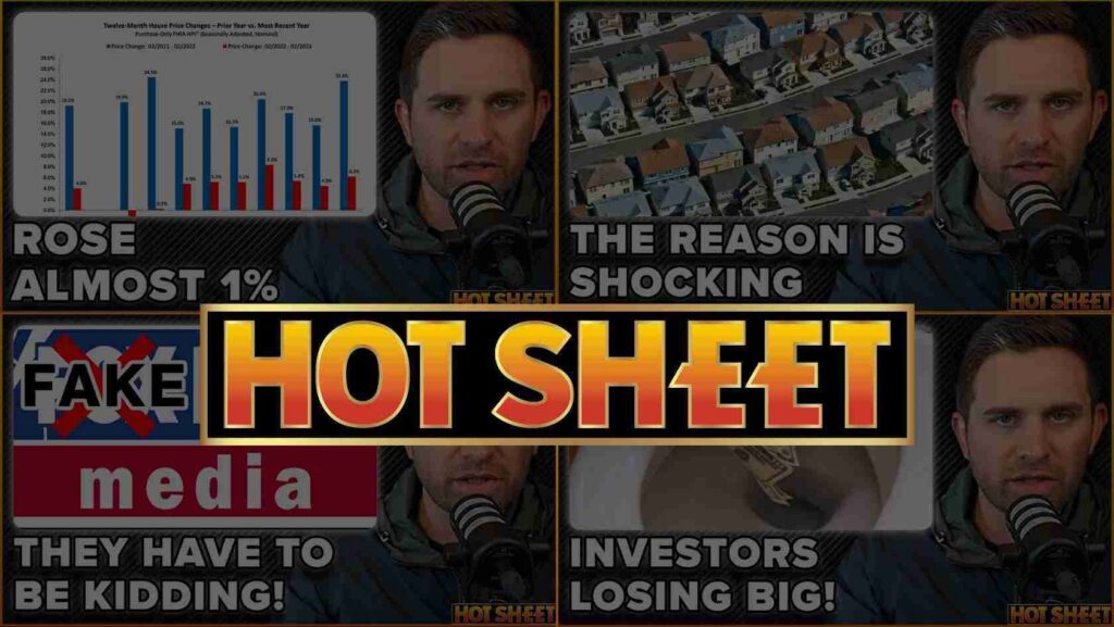Collage thumbnail with a large gold 'HOT SHEET' banner across the center; panels show sensational headlines and a man speaking into a microphone in each frame, suggesting media hype and investor doom themes.