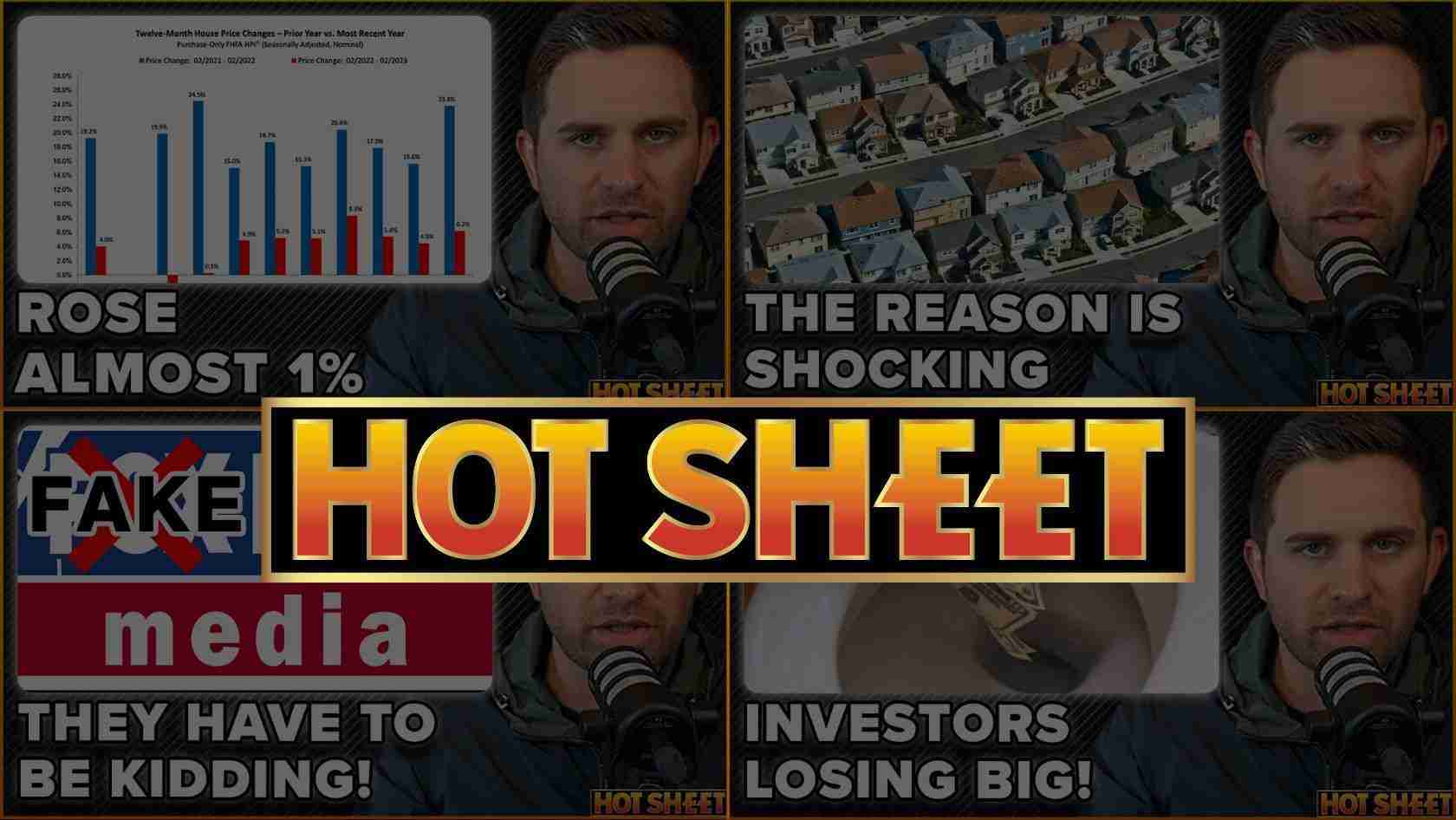 Collage thumbnail with a large gold 'HOT SHEET' banner across the center; panels show sensational headlines and a man speaking into a microphone in each frame, suggesting media hype and investor doom themes.