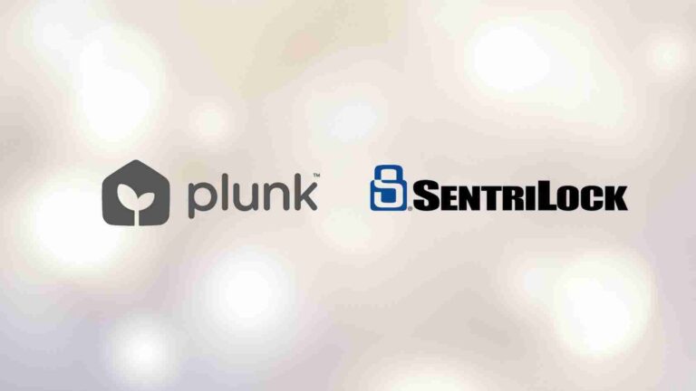 Logos for Plunk and SentriLock displayed side by side on a soft, blurred background.