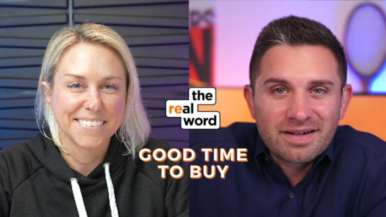 Split-screen thumbnail with a woman on the left and a man on the right; logo 'the real word' in the center and the text 'GOOD TIME TO BUY' below, suggesting a discussion about buying opportunities.