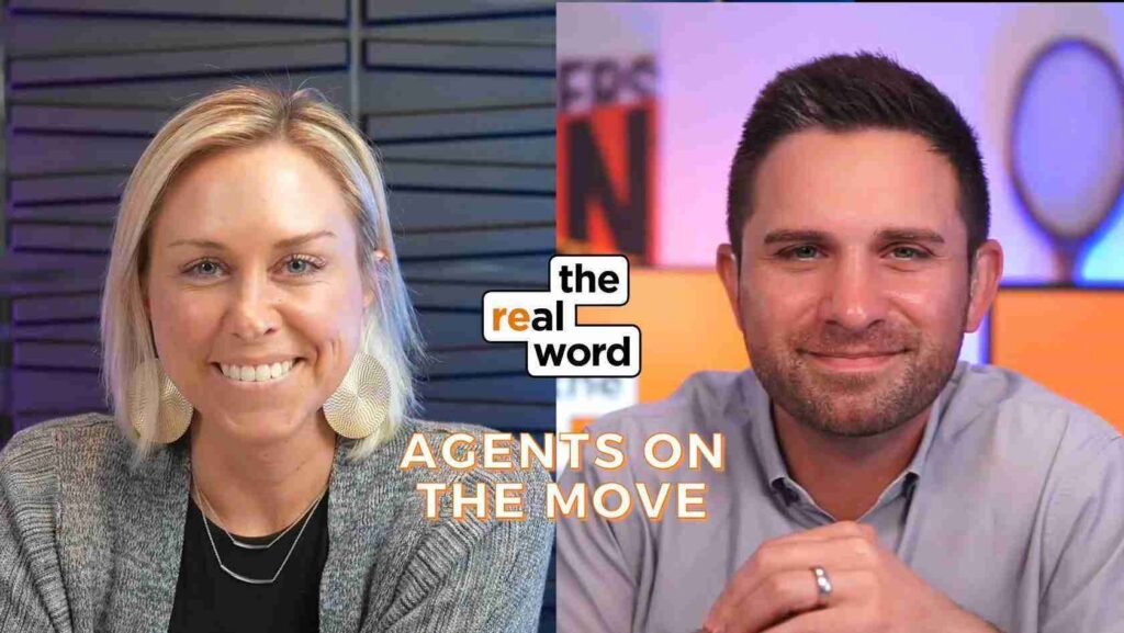 Split-screen image of a smiling woman on the left and a smiling man on the right, with the 'the real word' logo and the caption 'Agents on the Move'