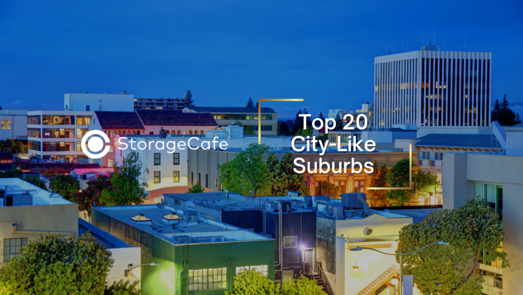 Hero image showing a cityscape at dusk with StorageCafe logo and the title 'Top 20 City-Like Suburbs' in white text framed by orange brackets, conveying article topic.
