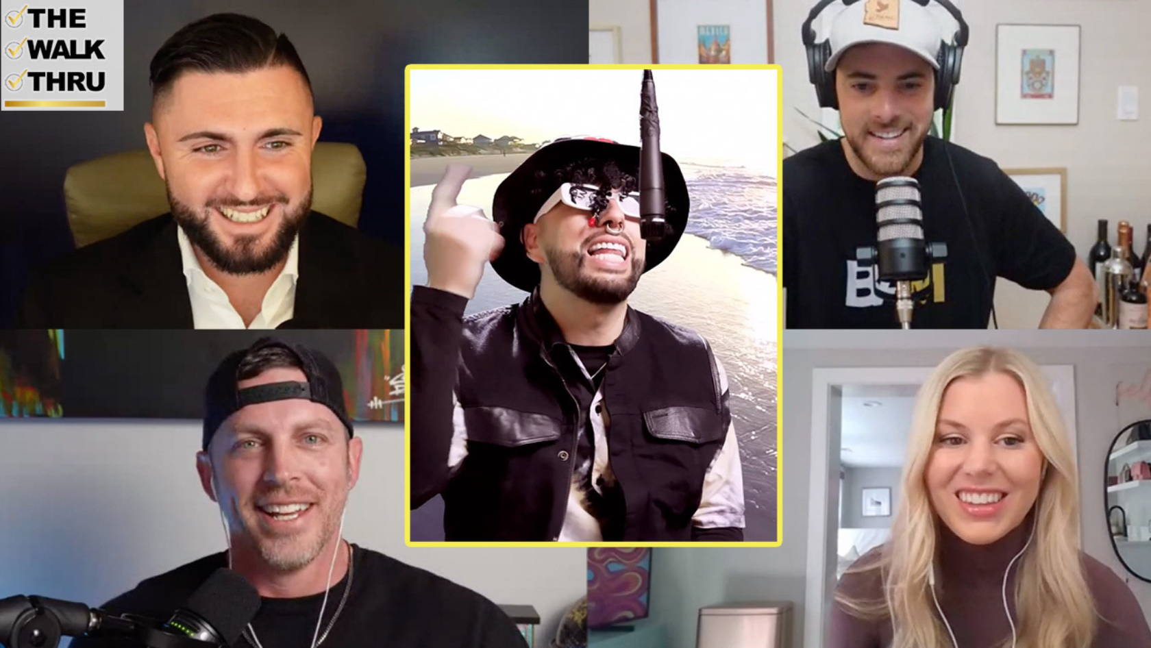 Video call grid with five participants; center guest in a hat and sunglasses speaks into a microphone on a beach backdrop, yellow bordered; logo 'The Walk Thru' top-left.