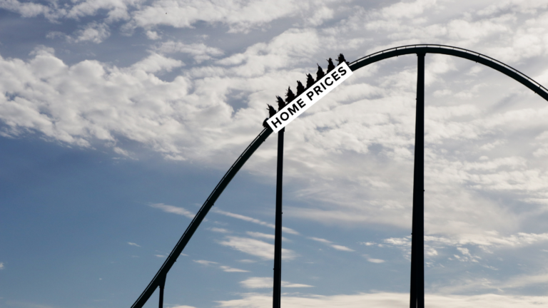 Roller-coaster carriages climb a steep track with a white diagonal banner reading 'HOME PRICES' across the cars, against a cloudy sky.
