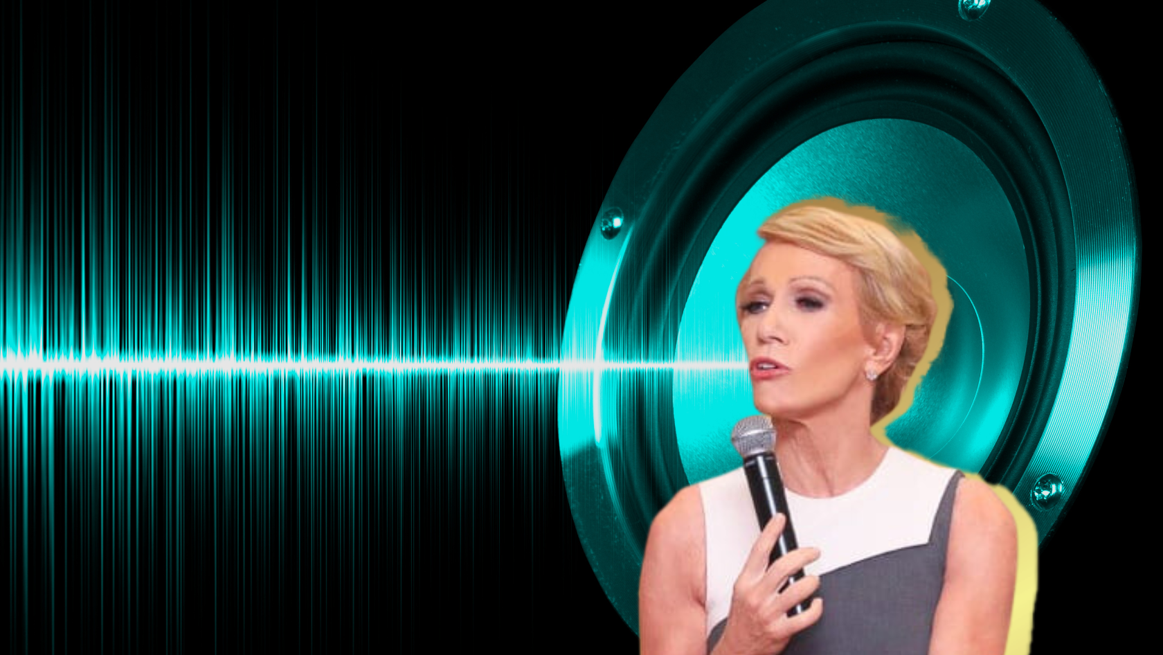 Woman in a sleeveless dress sings into a handheld microphone, with a large teal speaker and glowing sound waves in the background.