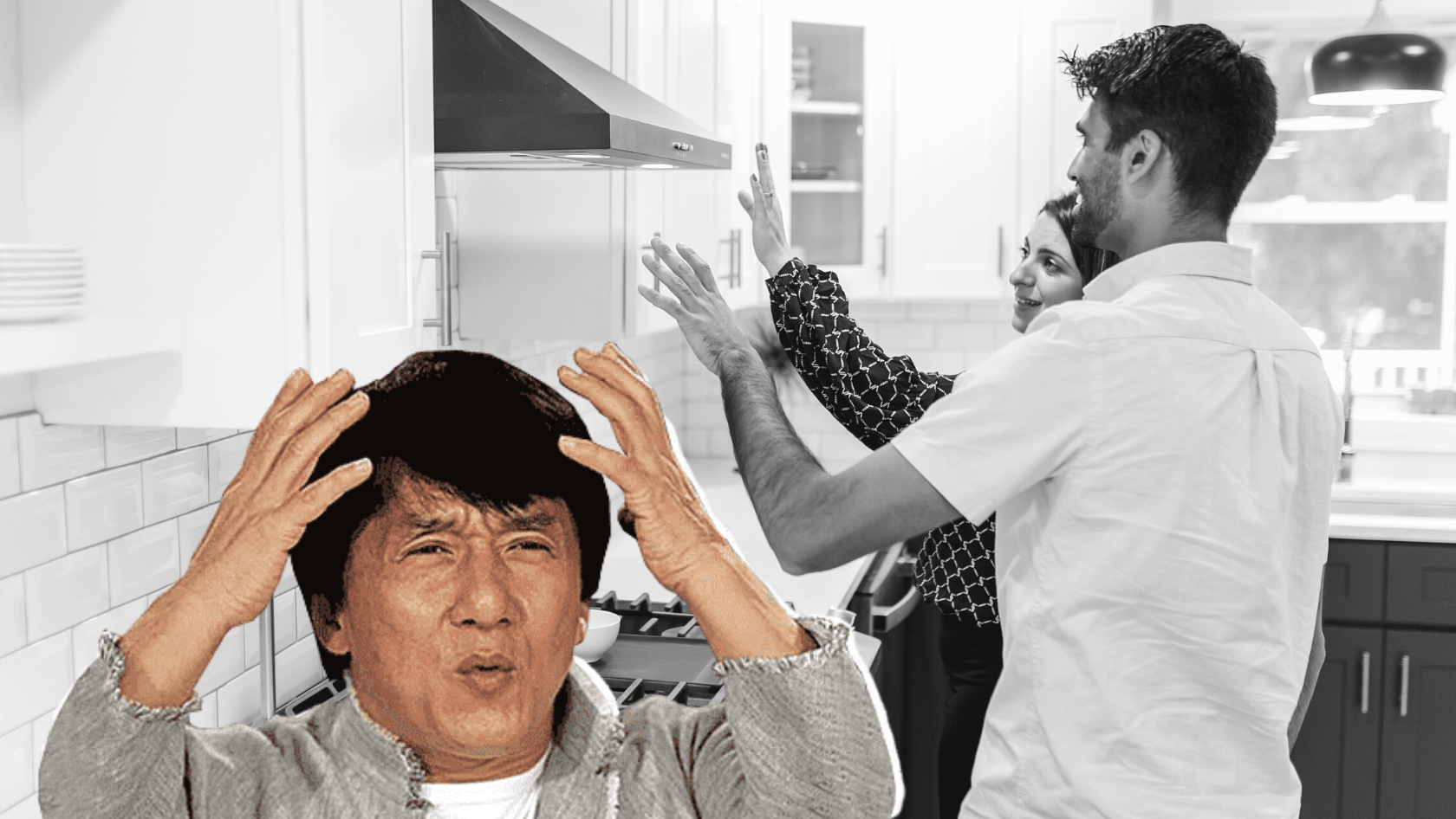 Couple in a bright kitchen cheerfully high‑fiving; a man in the foreground holds his head in confusion (collage image).