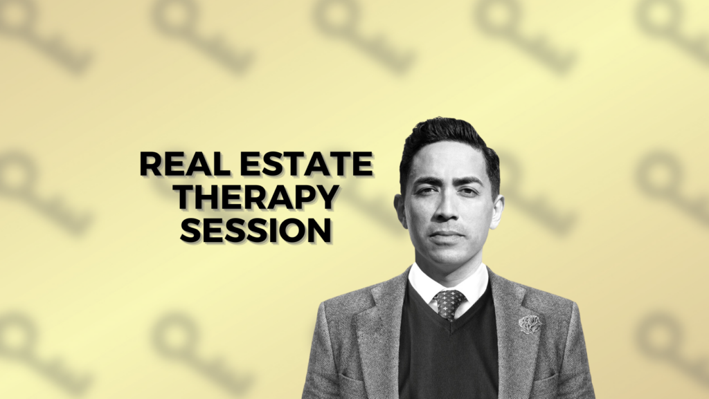 Promotional banner with a man in a gray suit on a yellow background and the text 'REAL ESTATE THERAPY SESSION'.