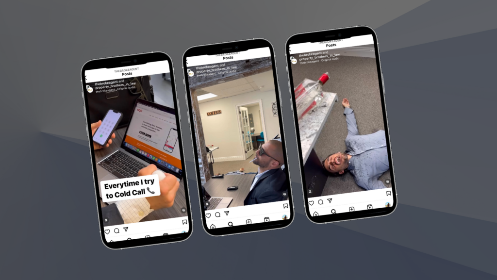 Three tilted smartphones display Instagram posts from an office scene: left shows a person using a laptop and phone with a 'Cold Call' caption.
