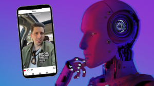 Smartphone tilted left showing an Instagram post of a man in a car, with a bold caption obliging 'BEFORE EVEN THE ROBOTS GO YOU KNOW WHAT FUCK THIS,' set against a purple gradient, a large robotic head dominates the right side (illustration of tech vs social media).