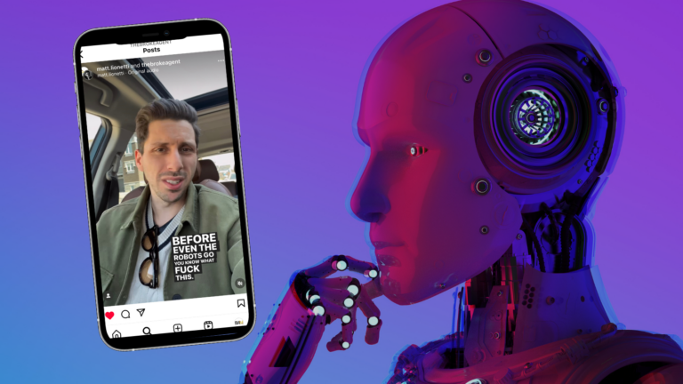 Smartphone tilted left showing an Instagram post of a man in a car, with a bold caption obliging 'BEFORE EVEN THE ROBOTS GO YOU KNOW WHAT FUCK THIS,' set against a purple gradient, a large robotic head dominates the right side (illustration of tech vs social media).